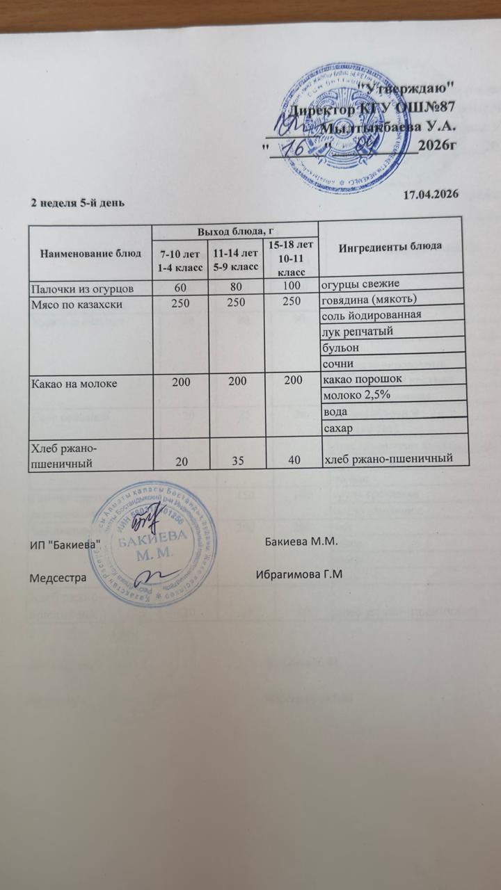 Ас мәзірі 2- апта -5-күн - Меню 2 неделя 5-й день 17.04.2026 г.