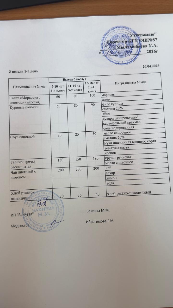 Ас мәзірі 3- апта -1-күн - Меню 3 неделя 1-й день 20.04.2026 г.