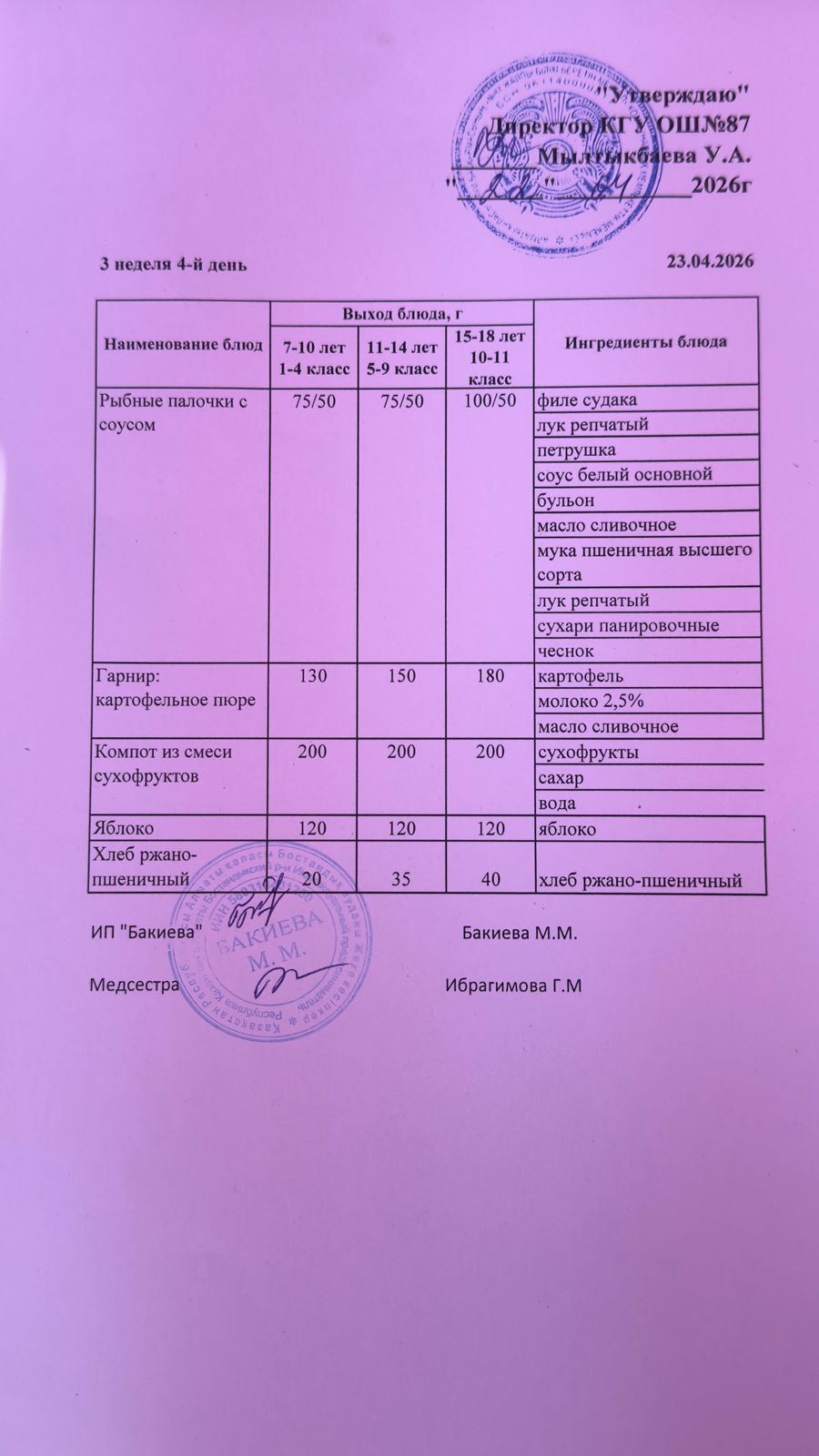 Ас мәзірі 3- апта -4-күн - Меню 3 неделя 4-й день 23.04.2026 г.