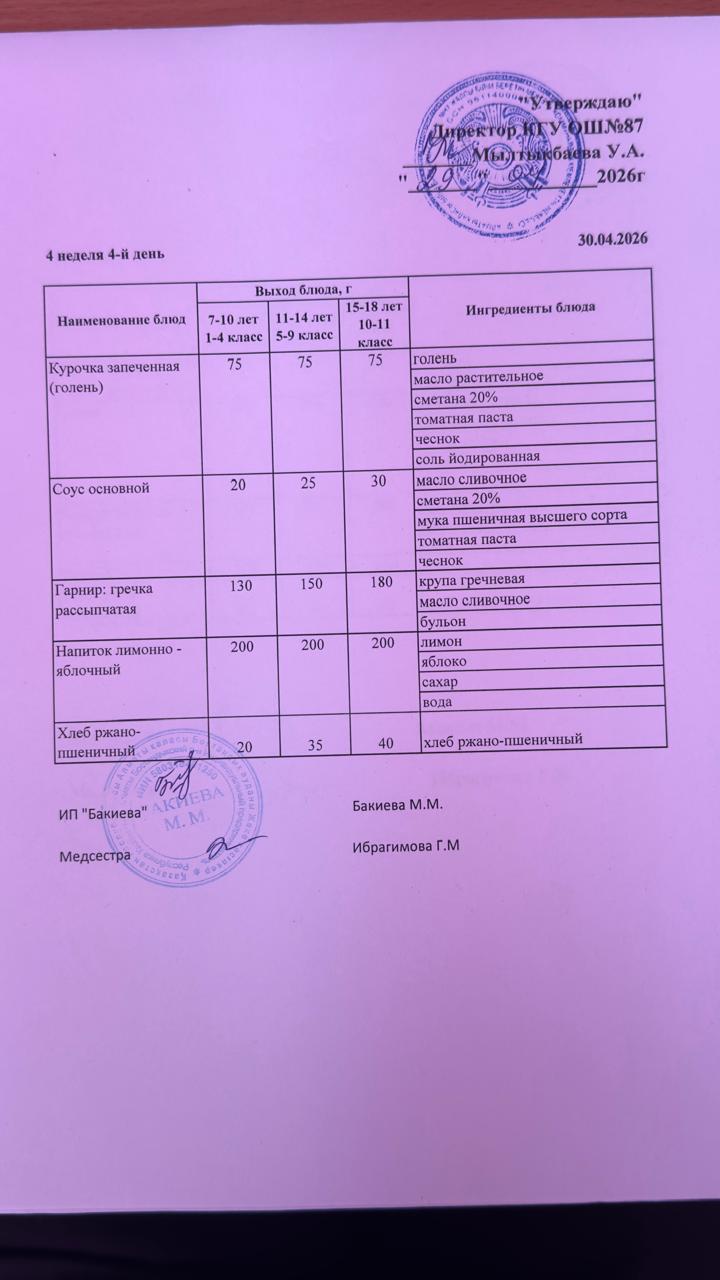 Ас мәзірі 4- апта -4-күн - Меню 4 неделя 4-й день 30.04.2026 г.
