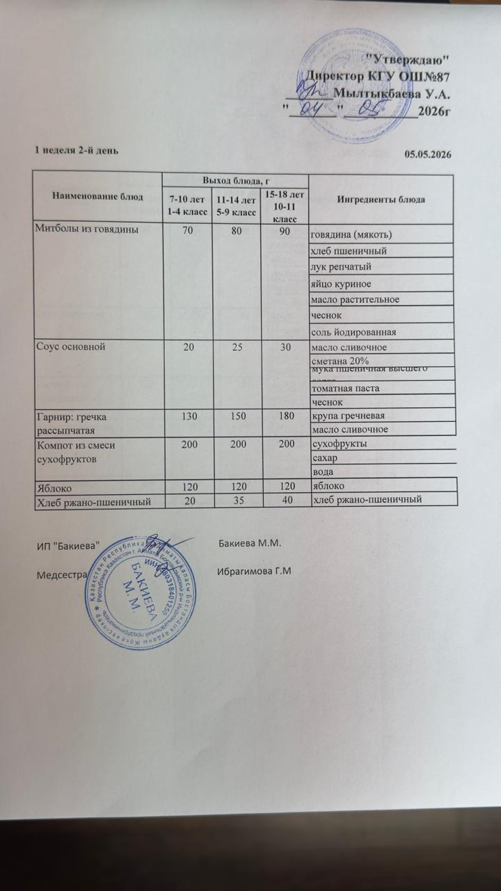 Ас мәзірі 1- апта -2-күн - Меню 1 неделя 2-й день 05.05.2026 г.