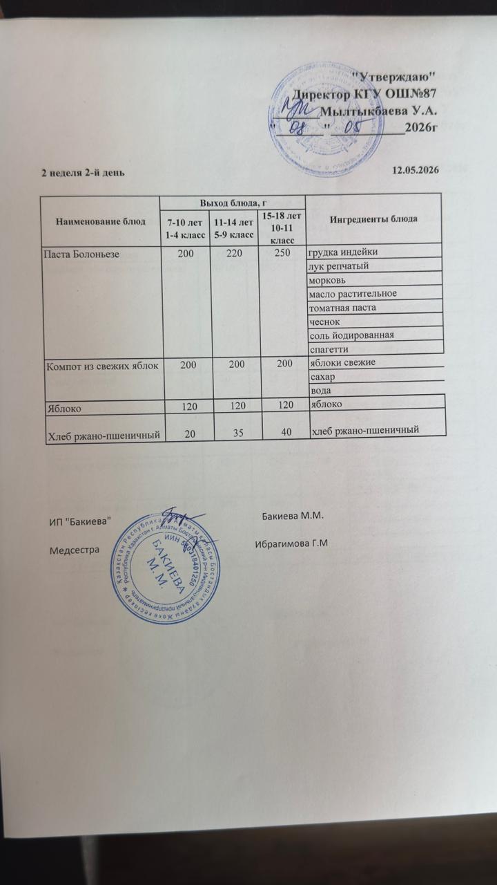 Ас мәзірі 2- апта -2-күн - Меню 2неделя 2-й день 12.05.2026 г.
