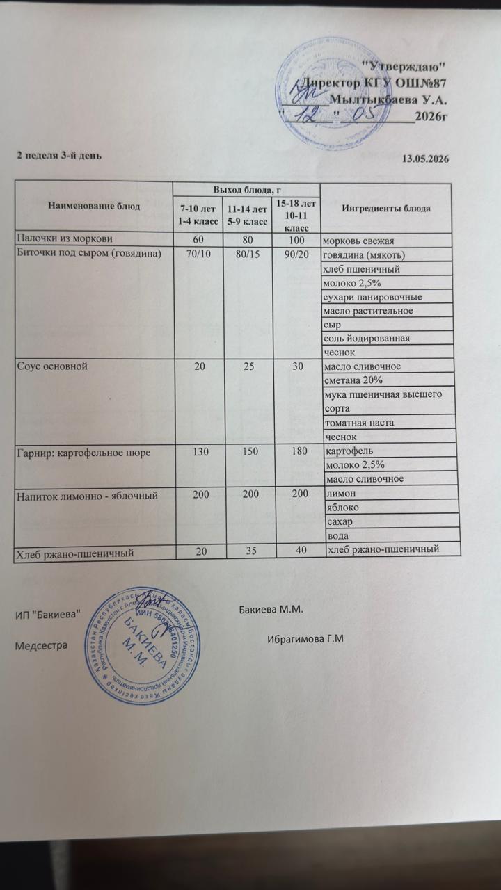 Ас мәзірі 2- апта -3-күн - Меню 2неделя 3-й день 13.05.2026 г.