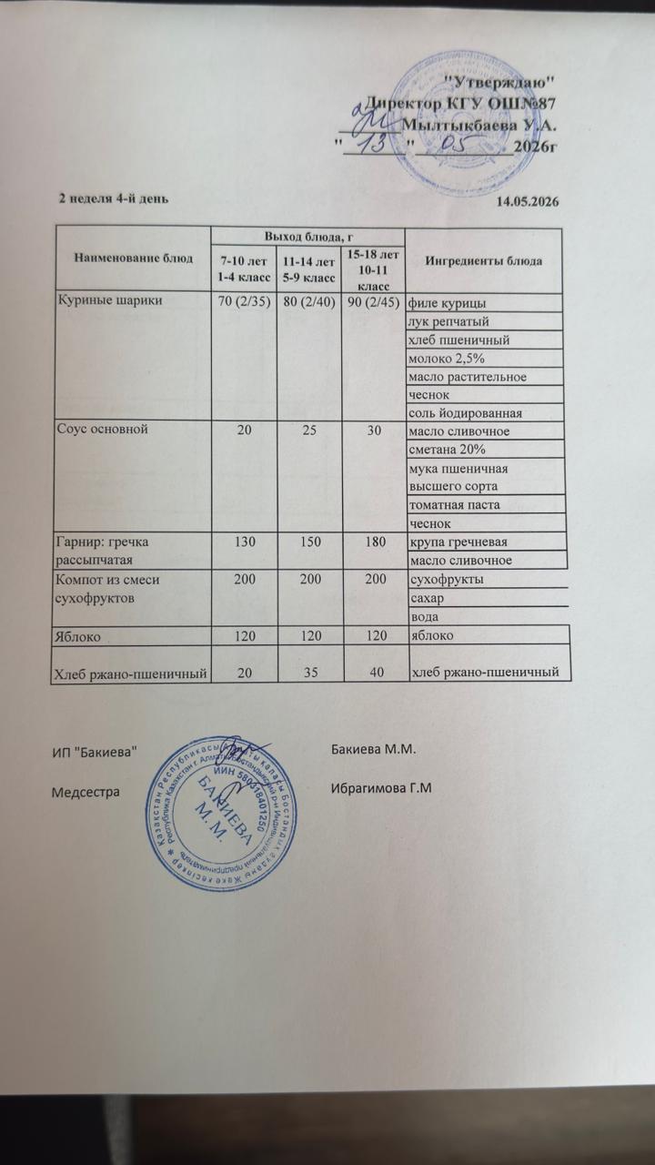 Ас мәзірі 2- апта -4-күн - Меню 2неделя 4-й день 14.05.2026 г.